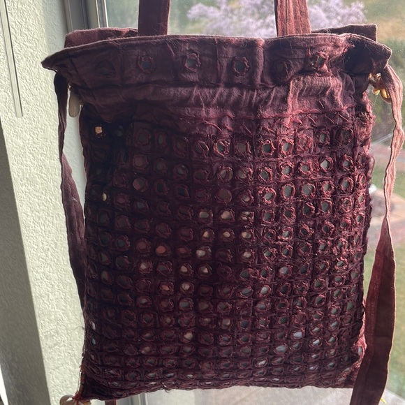 Glass Beaded Detail Burgundy Crossbody Tote * Boho * Hippie * Ethnic * Handmade - Picture 8 of 15